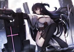 Rule 34 | 1girl, absurdres, artist name, belt pouch, black gloves, black hair, black thighhighs, breasts, capelet, commentary request, commission, dress, fingerless gloves, flower, gloves, grin, gun, hair between eyes, highres, holding, holding gun, holding sword, holding weapon, large breasts, long hair, looking afar, mecha musume, nekoya (liu), on one knee, original, planted, pouch, purple eyes, red flower, red rose, revision, rose, shield, smile, solo, sword, thighhighs, two side up, very long hair, weapon, white capelet, white dress