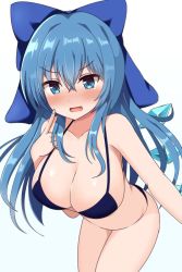 Rule 34 | 1girl, alternate breast size, alternate hair length, alternate hairstyle, bikini, blue bikini, blue bow, blue eyes, blue hair, blush, bow, breasts, cirno, guard vent jun, hair between eyes, hair bow, halterneck, highres, ice, ice wings, large breasts, long hair, open mouth, sidelocks, simple background, solo, string bikini, swimsuit, touhou, white background, wings