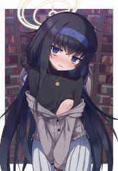 Rule 34 | 1girl, black hair, blue archive, blue eyes, blurry, blurry background, blush, bookshelf, breasts, chair, commentary request, glaring, halo, headband, highres, jewelry, jitome, long hair, necklace, nipples, school uniform, sitting, small breasts, solo, sweater, tears, ui (blue archive), waon (43ctw)