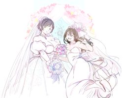 Rule 34 | 2girls, bouquet, breasts, bridal veil, cleavage, dress, female focus, flower, holding, holding bouquet, large breasts, looking at viewer, love live!, love live! school idol project, multiple girls, one eye closed, open mouth, smile, standing, tojo nozomi, tribute (tributism), veil, wedding dress, wife and wife, wink, yazawa nico, yuri