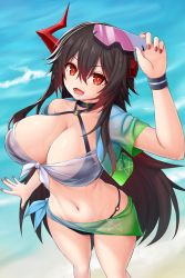 Rule 34 | 1girl, :d, alternate breast size, asamura hiori, asymmetrical horns, azur lane, beach, bikini, black bikini, black hair, breasts, cleavage, collarbone, commentary request, cowboy shot, unworn eyewear, fangs, foreshortening, from above, groin, hair between eyes, halterneck, highres, holding, holding removed eyewear, horns, large breasts, long hair, looking at viewer, lower teeth only, magdeburg (azur lane), magdeburg (gone fishing) (azur lane), multicolored hair, nail polish, navel, o-ring, o-ring bikini, ocean, off shoulder, official alternate costume, open clothes, open mouth, open shirt, partial commentary, red eyes, red hair, red nails, sarong, scar, scar on face, see-through, see-through sarong, see-through shirt, shirt, short sleeves, sidelocks, single bare shoulder, smile, solo, standing, stomach, sunglasses, swimsuit, teeth, tied shirt, wet, wet clothes, wet hair, wet shirt