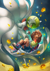 Rule 34 | androgynous, bandaid, bandaid on face, black socks, blue shorts, brown hair, carrying, catching, closed eyes, commentary, cover, creatures (company), cross-laced footwear, crossover, falling, floating, floating hair, flower, flying teardrops, frisk (undertale), game freak, gardevoir, gen 3 pokemon, gender request, highres, kneehighs, light particles, long sleeves, looking at another, mega gardevoir, mega pokemon, nintendo, outstretched arms, petals, poke ball, pokemon, pokemon (creature), ralts, sa-dui, shoe soles, shoes, short hair, shorts, sneakers, socks, striped clothes, striped sweater, sweater, tears, torn clothes, torn legwear, torn shorts, torn socks, undertale, yellow flower