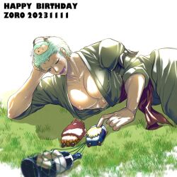 Rule 34 | 1boy, bare pectorals, blush, creature on head, drunk, elbow rest, eustass kid, feet out of frame, grass, green hair, happy birthday, killer (one piece), large pectorals, lying, male focus, nipples, nobara029 op, on side, one piece, parody request, pectorals, roronoa zoro, scar, scar across eye, short hair, smile, solo