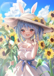 Rule 34 | 1girl, :d, absurdres, alternate hairstyle, animal ears, blue hair, cloud, cloudy sky, dress, field, flower, flower field, hat, highres, hololive, looking at viewer, open mouth, orange eyes, rabbit-shaped pupils, rabbit ears, sky, smile, solo, summer, sundress, sunflower, sunflower field, symbol-shaped pupils, terra bose, thick eyebrows, usada pekora, virtual youtuber, white dress