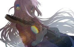 Rule 34 | 1girl, backlighting, black shirt, blue eyes, bocchi the rock!, closed mouth, cowboy shot, cube hair ornament, floating hair, gotoh hitori, guitar, hair bobbles, hair ornament, hair over one eye, highres, holding, holding guitar, holding instrument, instrument, jacket, lens flare, long hair, looking at viewer, music, one eye covered, one side up, open clothes, open jacket, pink hair, pink jacket, playing instrument, shirt, sidelocks, simple background, sleeves pushed up, solo, very long hair, white background, xoxzxox
