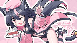 Rule 34 | 1girl, animal ear fluff, animal ears, arm up, bell, black footwear, black hair, black shirt, black shorts, braid, breasts, cake, cat cutout, cat ears, cat girl, cat tail, claw pose, cleavage, cleavage cutout, clothing cutout, cream, cream on face, cutoffs, fang, food, food on face, happy birthday, hat, highres, jacket, jingle bell, leg up, long hair, navel, needle (574187457), off shoulder, one eye closed, open mouth, original, pink eyes, pink hat, pink jacket, plate, ribbon, shirt, shoes, short shorts, shorts, single thighhigh, sleeveless, sleeveless shirt, small breasts, smile, solo, standing, standing on one leg, striped clothes, striped thighhighs, tail, tail bell, tail ornament, tail ribbon, thighhighs, thighs