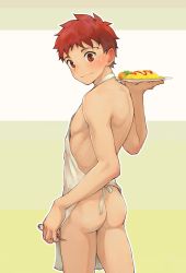 Rule 34 | 1boy, apron, ass, beitemian, blush, cowboy shot, emiya-san chi no kyou no gohan, emiya shirou, fate/stay night, fate (series), food, from behind, green background, highres, looking at viewer, looking back, male focus, naked apron, omelet, omurice, orange eyes, orange hair, plate, simple background, solo, spoon, striped, striped background, sweatdrop