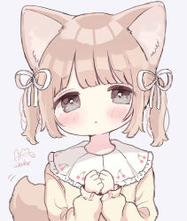 Rule 34 | 1girl, :o, ame usako, animal ear fluff, animal ears, blush, brown dress, brown hair, cherry print, collared dress, commentary request, dog ears, dog girl, dog tail, dress, food print, frilled shirt collar, frills, grey background, grey eyes, hair ribbon, hands up, long sleeves, looking at viewer, original, own hands together, parted lips, ribbon, short twintails, signature, simple background, sleeves past wrists, solo, tail, tail raised, twintails, upper body, white ribbon
