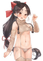 Rule 34 | 1girl, black hair, blush, bow, breasts, brown eyes, cowboy shot, detached sleeves, grey panties, grey sleeves, grey sweater, grey thighhighs, hair bow, kantai collection, long hair, meme attire, navel, nisshin (kancolle), open mouth, panties, ponytail, red bow, sidelocks, simple background, small breasts, solo, sweater, thighhighs, toka (marchlizard), underwear, very long hair, virgin destroyer sweater, white background