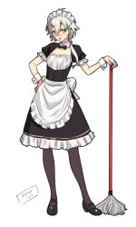 Rule 34 | 1girl, alternate costume, apron, azur lane, black bow, black dress, black thighhighs, blush, bow, bowtie, breasts, collarbone, commentary request, dated, detached collar, dress, earrings, enmaided, frilled apron, frilled dress, frills, full body, hair ornament, hair over shoulder, hairclip, hand on own hip, horns, jewelry, kinu (azur lane), loafers, low ponytail, maid, maid apron, maid headdress, medium breasts, medium hair, mop, nail polish, nose blush, open mouth, puffy short sleeves, puffy sleeves, shoes, short sleeves, silver hair, solo, thighhighs, waist apron, werkbau, white apron, white background, wrist cuffs, yellow eyes