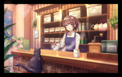 Rule 34 | 1girl, animal, apron, beige shirt, black border, black cat, blue apron, border, box, breasts, brown hair, cafe, cat, coffee, coffee grinder, coffee mug, collared shirt, commentary request, cup, derori, highres, indoors, long sleeves, looking at viewer, mug, open mouth, original, plant, potted plant, purple eyes, shirt, short hair, small breasts, smile, solo, steam, striped wall