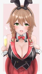Rule 34 | 1girl, absurdres, animal ears, bare shoulders, black vest, blush, bow, bowtie, braid, breasts, brown hair, bunny garden, champagne flute, cleavage, cup, detached collar, drinking glass, fake animal ears, green eyes, highres, holding, holding cup, kana (bunny garden), large breasts, looking at viewer, medium hair, miniskirt, nontraditional playboy bunny, pleated skirt, rabbit ears, red background, red bow, red bowtie, red skirt, side braids, skirt, smile, solo, vest, wachikumori, wrist cuffs