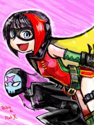 Rule 34 | 2girls, ame-comi, carrie kelly, character name, company connection, crossover, dc comics, domino mask, elbow gloves, female focus, gauntlets, gloves, image sample, kitten (teen titans), makicha (sasurainopink), mask, multicolored hair, multiple girls, pixiv sample, resized, robin (dc), short hair, smile, sukaponta, teen titans, two-tone hair