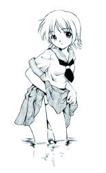 Rule 34 | 1girl, clothes lift, greyscale, looking at viewer, monochrome, original, pizza man, school uniform, serafuku, short hair, simple background, skirt, skirt lift, solo, wading, water, white background