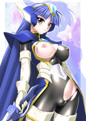 Rule 34 | 1990s (style), 1girl, armor, blue eyes, blue hair, blush, breasts, cameltoe, cape, cleft of venus, fat mons, female focus, gloves, highres, large breasts, legs, long hair, looking at viewer, magic knight rayearth, matching hair/eyes, nipples, no panties, retro artstyle, ryuuzaki umi, sakura ryuuken, serious, shoulder pads, simple background, skin tight, solo, standing, sword, thighs, torn clothes, weapon