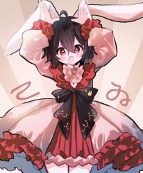 Rule 34 | 1girl, :d, animal ears, arms up, artist name, black bow, black hair, blush, bob cut, bow, brooch, character name, commentary, cowboy shot, dress, dress bow, floppy ears, frilled dress, frills, hair between eyes, head tilt, inaba tewi, jewelry, lennonrine, long sleeves, looking at viewer, messy hair, open mouth, pink dress, puffy sleeves, rabbit ears, rabbit girl, rabbit pose, rabbit symbol, red dress, red eyes, short hair, signature, smile, solo, standing, sunburst, sunburst background, touhou, translated, two-tone dress