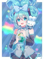 Rule 34 | &gt; o, 1girl, 1other, :d, absurdres, animal, animal on shoulder, aqua eyes, aqua hair, bare shoulders, black skirt, bow, cinnamiku, cinnamoroll, commentary, cosplay, cowboy shot, crossover, cup, detached sleeves, drinking straw, glass, hair bow, hatsune miku, hatsune miku (cosplay), highres, holding, holding cup, kaoling, long hair, looking at viewer, matching outfits, necktie, on shoulder, one eye closed, open mouth, pleated skirt, rabbit, sanrio, shirt, skirt, sleeveless, smile, tied ears, updo, vocaloid