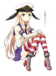Rule 34 | 1girl, anchor hair ornament, black panties, blonde hair, blue sailor collar, blue skirt, commentary request, crop top, elbow gloves, gloves, green eyes, hair ornament, hat, highleg, highleg panties, invisible chair, kantai collection, long hair, microskirt, miniskirt, panties, peaked cap, pleated skirt, pout, sailor collar, shimakaze (kancolle), simple background, sitting, skirt, solo, striped clothes, striped thighhighs, takowasa, thighhighs, underwear, white background, white gloves, white hat