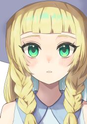 Rule 34 | 1girl, blonde hair, blush, braid, collared dress, commentary request, creatures (company), dress, ebi-chan (tvyd2583), eyelashes, game freak, green eyes, hat, highres, lillie (pokemon), long hair, looking at viewer, nintendo, parted lips, pokemon, pokemon sm, sleeveless, sleeveless dress, solo, sun hat, twin braids, upper body, white dress