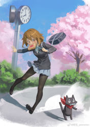 Rule 34 | 1girl, a wu, bag, black footwear, black jacket, black pantyhose, blazer, blue skirt, blue sky, bread slice, brown eyes, brown hair, bush, buttons, cherry blossoms, chinese commentary, clock, commentary request, crossover, day, dust cloud, eye contact, fish in mouth, food, food in mouth, food on face, full body, hair between eyes, hair ornament, hairclip, highres, hirasawa yui, holding strap, jacket, k-on!, long sleeves, looking at another, mouth hold, neck ribbon, nichijou, outdoors, outstretched arm, pantyhose, red scarf, ribbon, sakamoto (nichijou), sakuragaoka high school uniform, scarf, school bag, school uniform, shadow, shoes, short hair, skirt, sky, standing, street clock, sweat, tail raised, toast, toast in mouth, tokisadame school uniform, tree, v-shaped eyebrows, weibo logo, weibo username, wide-eyed