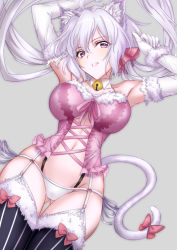Rule 34 | 1girl, animal ear fluff, animal ears, arms up, axia-chan, bell, neck bell, bow, breasts, cat ears, cat tail, collar, garter straps, gluteal fold, grey background, halloween, highres, large breasts, looking at viewer, panties, pink bow, purple eyes, senki zesshou symphogear, silver hair, solo, tail, tail bow, tail ornament, thighhighs, thighs, underwear, white panties, yukine chris