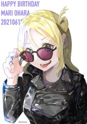 Rule 34 | 1girl, ;p, artist name, artist request, biker clothes, black jacket, blonde hair, blush, braid, breasts, brown eyes, crown braid, female focus, green eyes, hair over shoulder, hair rings, highres, holding, holding glasses, jacket, long sleeves, looking at viewer, love live!, love live! sunshine!!, medium breasts, ohara mari, one eye closed, parted lips, purple shirt, shirt, short hair, smile, solo, tongue, tongue out, upper body, white background, yellow eyes
