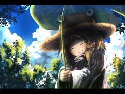 Rule 34 | 1girl, blonde hair, blue sky, cloud, day, forest, hair ribbon, highres, letterboxed, light rays, lily pad, long sleeves, moriya suwako, nani kore (wjstpwls4), nature, purple vest, ribbon, short hair, signature, sky, smile, solo, summer, sunlight, touhou, tree, turtleneck, upper body, vest