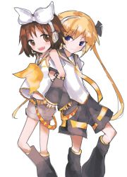 Rule 34 | 2girls, arm warmers, back-to-back, blonde hair, bow, brown hair, cosplay, detached sleeves, hair bow, headphones, headset, highres, kagamine len, kagamine len (cosplay), kagamine rin, kagamine rin (cosplay), kill me baby, leg warmers, locked arms, long hair, midriff, midriff peek, multiple girls, neckerchief, necktie, open mouth, oribe yasuna, purple eyes, sailor collar, short hair, shorts, sonya (kill me baby), twintails, vocaloid, white background, white bow, yellow neckwear