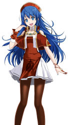 Rule 34 | 1girl, :d, bare shoulders, blue eyes, blue hair, brown pantyhose, dress, feet out of frame, fire emblem, fire emblem: the binding blade, hat, highres, lilina (fire emblem), long hair, nintendo, open mouth, pantyhose, red dress, short sleeves, simple background, skirt, smile, solo, tsukishiro saika, white background, white skirt