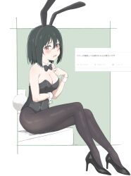 Rule 34 | 1girl, animal ears, bare shoulders, black bow, black bowtie, black footwear, black hair, black leotard, black pantyhose, blush, bow, bowtie, breasts, cleavage, collar, commentary request, detached collar, fake animal ears, fake tail, fang, full body, high heels, highres, large breasts, leotard, looking at viewer, love live!, love live! nijigasaki high school idol club, mifune shioriko, open mouth, pantyhose, rabbit ears, rabbit tail, red eyes, short hair, sincos, sitting, solo, straight hair, tail, translation request, white collar, white wrist cuffs, wrist cuffs