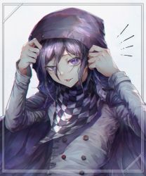 Rule 34 | 1boy, black cape, black hair, buttons, cape, checkered clothes, checkered scarf, commentary request, danganronpa (series), danganronpa v3: killing harmony, double-breasted, framed, goto (sep), grey jacket, hair between eyes, hands up, highres, hood, hood up, hooded cape, jacket, long sleeves, looking at viewer, male focus, open mouth, oma kokichi, pale skin, purple eyes, purple hair, scarf, smile, solo, tongue, tongue out, upper body, white background