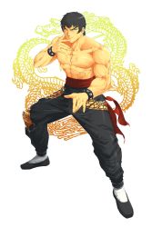 Rule 34 | 1boy, abs, bad id, bad pixiv id, biceps, black eyes, black hair, bracelet, dragon, dragon print, eastern dragon, fighting stance, fingernails, flats, highres, houjohh, jewelry, kung fu, light frown, looking at viewer, male focus, manly, marshall law, muscular, pants, sash, topless male, short hair, simple background, solo, spiked bracelet, spikes, squinting, tekken, tsurime, white background