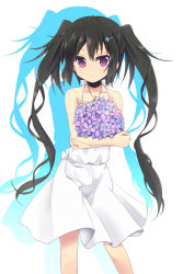 Rule 34 | 1girl, amano kouki, angel, bare arms, black hair, blush, dress, flower, highres, long hair, looking at viewer, note-chan, original, purple eyes, simple background, sleeveless, sleeveless dress, smile, solo, twintails, very long hair, white background