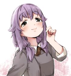 Rule 34 | 1girl, black shirt, blush, bow, brown bow, brown eyes, closed mouth, collared shirt, commentary request, hair between eyes, hair over shoulder, hand up, idolmaster, idolmaster cinderella girls, koshimizu sachiko, long hair, long sleeves, looking at viewer, low twintails, purple hair, shirt, smile, solo, twintails, upper body, white background, yukie (kusaka shi)