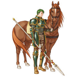Rule 34 | 1boy, armor, closed eyes, fire emblem, fire emblem: path of radiance, green armor, green hair, highres, holding, holding weapon, horse, kita senri, lance, male focus, nintendo, official art, oscar, pauldrons, polearm, shoulder armor, simple background, solo, spear, weapon, white background