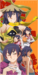 Rule 34 | 1girl, absurdres, alternate hairstyle, bakemonogatari, ball, bandages, basketball, basketball (object), basketball uniform, black hair, brown eyes, cete (controllingtime), character name, clenched hand, collared shirt, convenient censoring, glowing, glowing eyes, grin, hand on headwear, hat, highres, holding, holding ball, interlocked fingers, kanbaru suruga, long hair, looking at viewer, monkey paw, monogatari (series), multiple views, open mouth, ponytail, raincoat, scarf, school uniform, shirt, short hair, shorts, sideways glance, smile, smirk, sportswear, strapless, tube top, twintails, wing collar