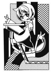 Rule 34 | 1girl, abstract background, arm tattoo, bare shoulders, border, breasts, collared shirt, detached sleeves, from side, greyscale, hair between eyes, hair ornament, halftone, hand up, hatsune miku, high contrast, long sleeves, looking at viewer, looking to the side, machigami yoh, miniskirt, monochrome, parted lips, pleated skirt, shirt, skirt, sleeveless, sleeveless shirt, sleeves past wrists, small breasts, solo, tattoo, vocaloid, white background, white border, wide sleeves