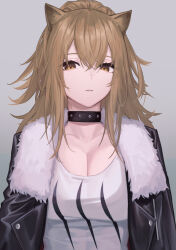 Rule 34 | 1girl, ab (cat921), absurdres, animal ears, arknights, black choker, black jacket, breasts, brown eyes, brown hair, choker, cleavage, commentary request, fur-trimmed jacket, fur trim, grey background, highres, jacket, large breasts, lion ears, long hair, looking at viewer, parted lips, shirt, siege (arknights), simple background, solo, upper body, white shirt