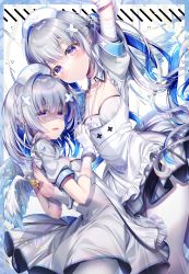 Rule 34 | 2girls, absurdres, amane kanata, amane kanata (nurse), angel, angel wings, arm above head, armband, backless outfit, bandaged arm, bandages, blue hair, braid, chi no, colored inner hair, dress, dual persona, flat chest, french braid, gloves, grey hair, hair ornament, hairclip, hat, highres, holding hands, hololive, id card, long hair, medium hair, multicolored hair, multiple girls, nurse, nurse cap, official alternate costume, open mouth, pantyhose, parted lips, purple eyes, shaded face, smile, twintails, virtual youtuber, white pantyhose, wings