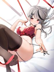 Rule 34 | 1girl, arm strap, bed sheet, bikini pull, black garter straps, black thighhighs, bow, bra, breasts, closed mouth, clothes pull, crossed ankles, ear piercing, earrings, fang, frilled bra, frills, garter straps, grey hair, hair bow, hand up, highres, hololive, jewelry, long hair, looking at viewer, lying, medium breasts, multicolored hair, on back, piercing, pulled by self, red bra, red eyes, red nails, red ribbon, ribbon, sakamata chloe, solo, strap pull, streaked hair, sunano reona, thighhighs, thighs, underwear, virtual youtuber