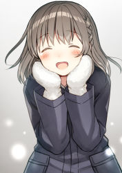 Rule 34 | 1girl, :d, ^ ^, bad id, bad pixiv id, black coat, blush, braid, brown hair, closed eyes, coat, commentary request, facing viewer, gradient background, grey background, hands on own cheeks, hands on own face, hands up, kurata rine, long hair, long sleeves, mittens, open mouth, original, smile, solo, upper body, white mittens