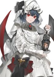 Rule 34 | 1girl, absurdres, alternate costume, bat wings, black bow, blue hair, bow, brooch, candle, candlestand, closed mouth, commentary, crossed bangs, daimaou ruaeru, double-parted bangs, dress, gothic lolita, hair between eyes, hat, hat bow, highres, holding, holding lantern, jewelry, lantern, lolita fashion, long sleeves, looking at viewer, red eyes, remilia scarlet, short hair, simple background, solo, standing, symbol-only commentary, touhou, white background, white dress, white hat, wings
