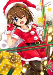 Rule 34 | 1girl, ;d, black pantyhose, blurry, blurry foreground, boots, brown hair, christmas, commentary request, dated, depth of field, dress, fingerless gloves, fur-trimmed dress, fur trim, gift, gloves, hair ornament, hairclip, hat, highres, leg up, looking at viewer, lyrical nanoha, mahou shoujo lyrical nanoha, mahou shoujo lyrical nanoha a&#039;s, one eye closed, open mouth, pantyhose, partial commentary, red dress, red footwear, red gloves, red hat, ribbon, san-pon, santa boots, santa dress, santa gloves, santa hat, short dress, short hair, short sleeves, smile, solo, sparkle, standing, standing on one leg, star (symbol), twitter username, w, waving, x hair ornament, yagami hayate