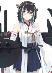 Rule 34 | 1girl, absurdres, atsushima, black bow, black hair, blue eyes, blue hair, blush, bow, breasts, cannon, commentary request, cosplay, cowboy shot, crossed bangs, detached sleeves, glasses, green-framed eyewear, grin, hair between eyes, headgear, highres, japanese clothes, kantai collection, kimono, kirishima (kancolle), kirishima (kancolle) (cosplay), looking at viewer, medium bangs, medium breasts, medium hair, multicolored hair, nanashi inc., oura rukako, pleated skirt, ribbon-trimmed sleeves, ribbon trim, simple background, skirt, smile, solo, streaked hair, virtual youtuber, white background, white hair, white kimono