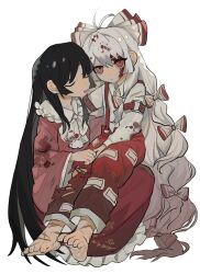 Rule 34 | 2girls, arm strap, barefoot, black hair, blood, blood on clothes, blood on face, bow, bowtie, closed eyes, closed mouth, collared shirt, commentary request, frilled shirt collar, frilled skirt, frills, fujiwara no mokou, full body, highres, houraisan kaguya, long hair, long sleeves, looking at viewer, multiple girls, ofuda, ofuda on clothes, open mouth, pants, pink shirt, red bow, red eyes, red pants, red skirt, scar, scar on foot, shirt, shiye hong, simple background, sitting, sitting on lap, sitting on person, skirt, suspenders, torn clothes, torn pants, touhou, two-tone bow, very long hair, white background, white bow, white bowtie, white hair, white shirt