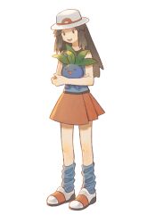 Rule 34 | 1girl, :d, blue shirt, blue socks, blush, brown eyes, brown hair, bucket hat, commentary request, creatures (company), full body, game freak, gen 1 pokemon, hair flaps, hat, highres, holding, holding pokemon, leaf (pokemon), long hair, looking at another, looking down, loose socks, nintendo, oddish, open mouth, pleated skirt, pokemon, pokemon (creature), pokemon frlg, red eyes, red skirt, shirt, shoes, simple background, skirt, sleeveless, sleeveless shirt, smile, socks, standing, toe miyama, white background, white footwear, white headwear