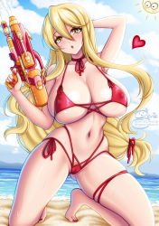 Rule 34 | 1girl, armpits, bare shoulders, barefoot, beach, bikini, blonde hair, breasts, cameltoe, collarbone, covered erect nipples, day, feet, gluteal fold, heart, highres, highschool of the dead, huge breasts, kneeling, long hair, looking at viewer, marikawa shizuka, nail polish, ocean, open mouth, outdoors, red bikini, red nails, sevie, skindentation, solo, sweat, swimsuit, toes, water gun, yellow eyes