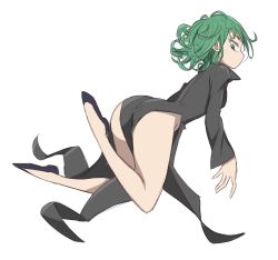 Rule 34 | 1girl, ass, black dress, breasts, curly hair, dress, flipped hair, flowers-imh, from behind, full body, green eyes, green hair, highleg, highleg dress, highres, huge ass, looking at viewer, looking back, medium breasts, no panties, one-punch man, pelvic curtain, shiny skin, short hair, simple background, solo, tatsumaki, thighs, white background