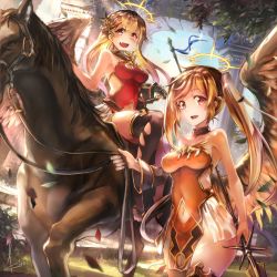 Rule 34 | 10s, 2girls, :d, artist name, black legwear, blurry, braid, breasts, bright pupils, brown hair, day, depth of field, detached sleeves, dress, dutch angle, fang, gauntlets, hair ribbon, half updo, halo, hand on sword, horse, kantai collection, kito (kito2), leaf, long hair, medium breasts, multiple girls, murasame (kancolle), navel, open mouth, outdoors, pelvic curtain, pink eyes, polearm, red eyes, ribbon, short dress, side braid, single detached sleeve, single gauntlet, single thighhigh, single wing, sitting, smile, spear, strapless, strapless dress, sunlight, swept bangs, thighhighs, toeless legwear, toes, twintails, weapon, wings, yuudachi (kancolle)