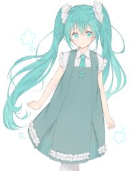 Rule 34 | 1girl, aqua eyes, aqua hair, aqua nails, aqua necktie, artist name, bad id, bad pixiv id, clenched hands, crossed bangs, dress, frilled sleeves, frills, hair between eyes, hatsune miku, long hair, marin (myuy 3), nail polish, necktie, scrunchie, simple background, solo, twintails, very long hair, vocaloid, white background